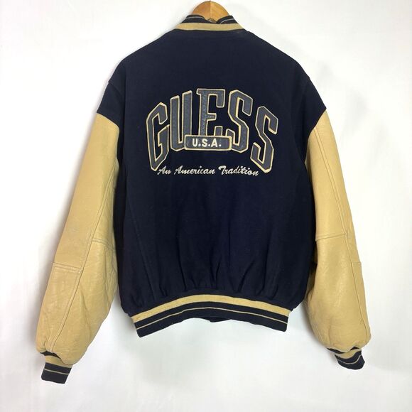 Vintage Guess Varsity Jacket Men L Blue Wool Tan Leather Sleeves Bomber 90s Logo - Picture 1 of 16